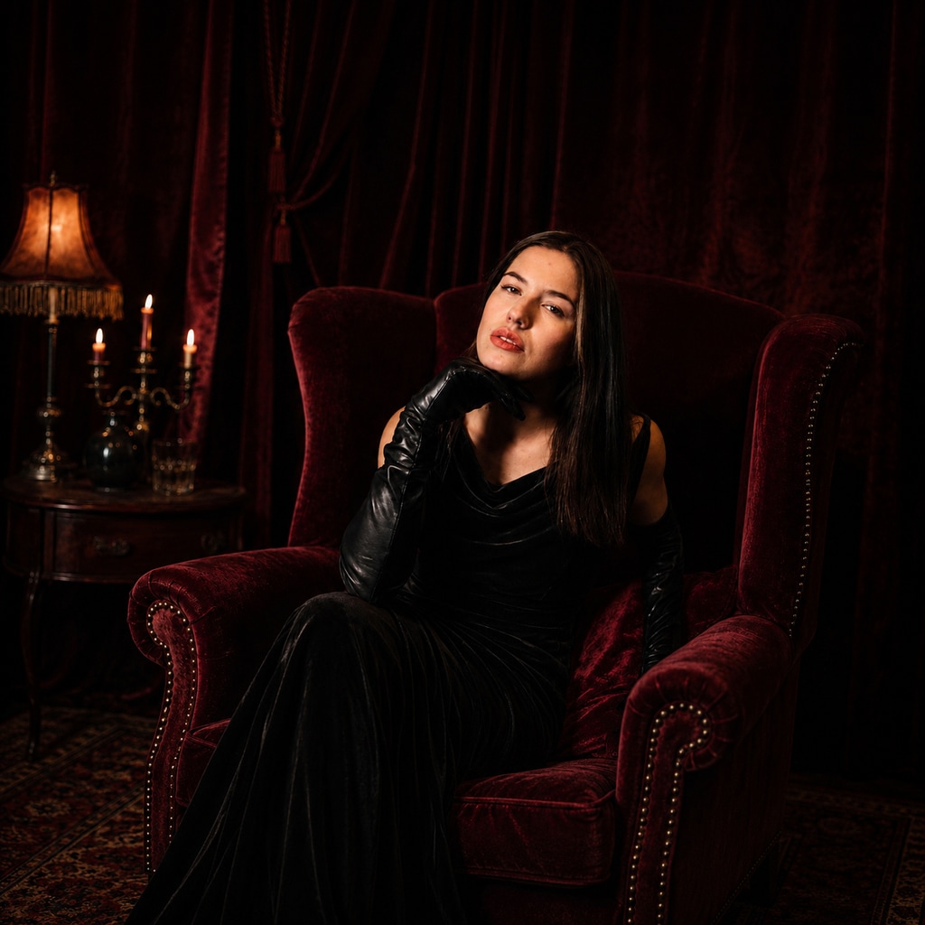 Mrs Poppy zittend in een bordeauxrode fauteuil, bij kaarslicht